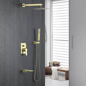 Gamble 1-Spray Patterns 10 in. Wall Mount Dual Shower Heads with Tub Faucet Anti-Microbial Nozzles in Brushed Gold