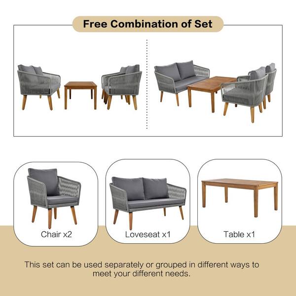 4-Piece Wood Patio Conversation Set with 2-Chairs and Table, Gray 