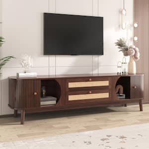 Elegant Brown TV Stand Fits TVs up to 75 in. with Waterproof Tabletop, Rattan Drawer, Sliding Solid Wood Door