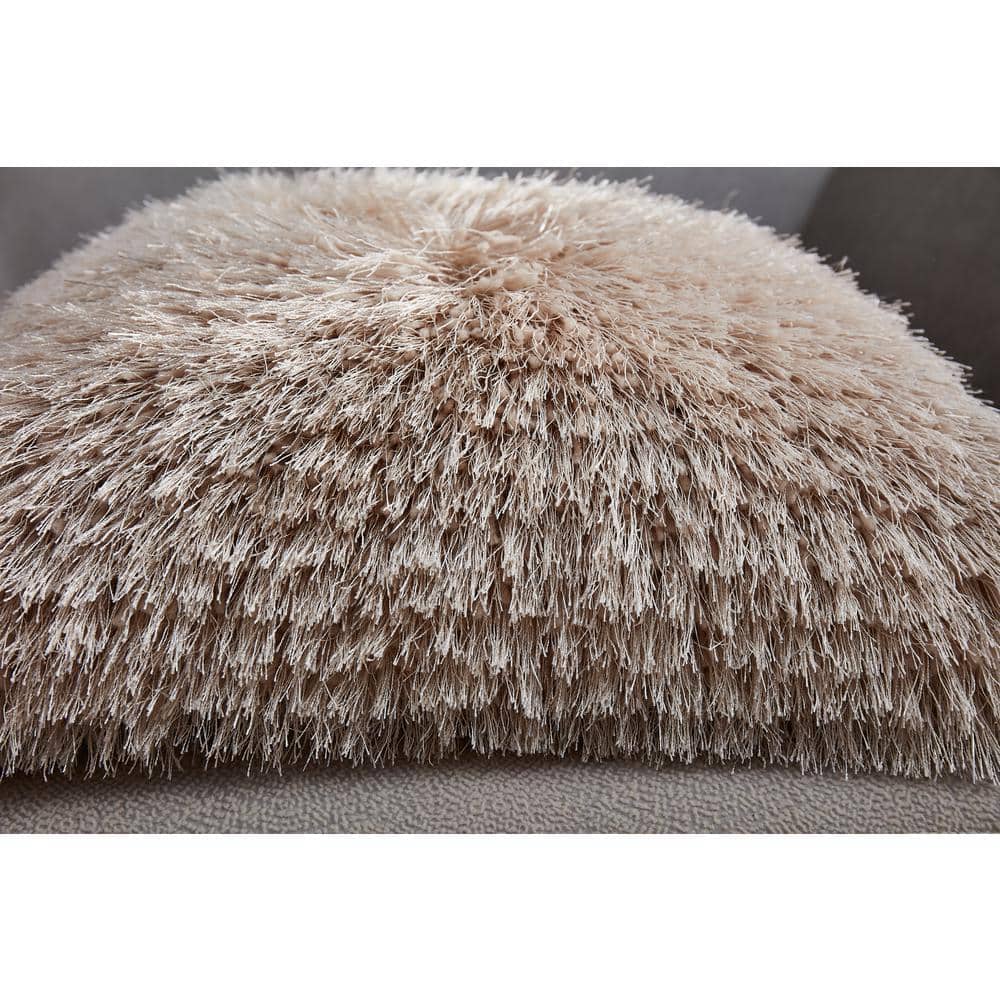 18" Beige Shaggy Hand Tufted Polyester Throw Pillow