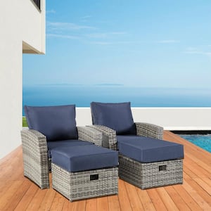 6-Piece Light Gray Wicker Outdoor Patio Sectional Sofa Conversation Set with Blue Cushions and 1 Coffee Table