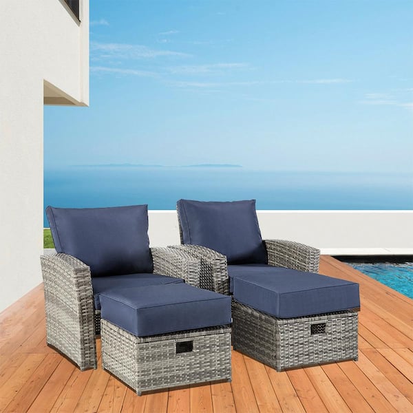 Zeus & Ruta 6-Piece Light Gray Wicker Outdoor Patio Sectional Sofa Conversation Set with Blue Cushions and 1 Coffee Table