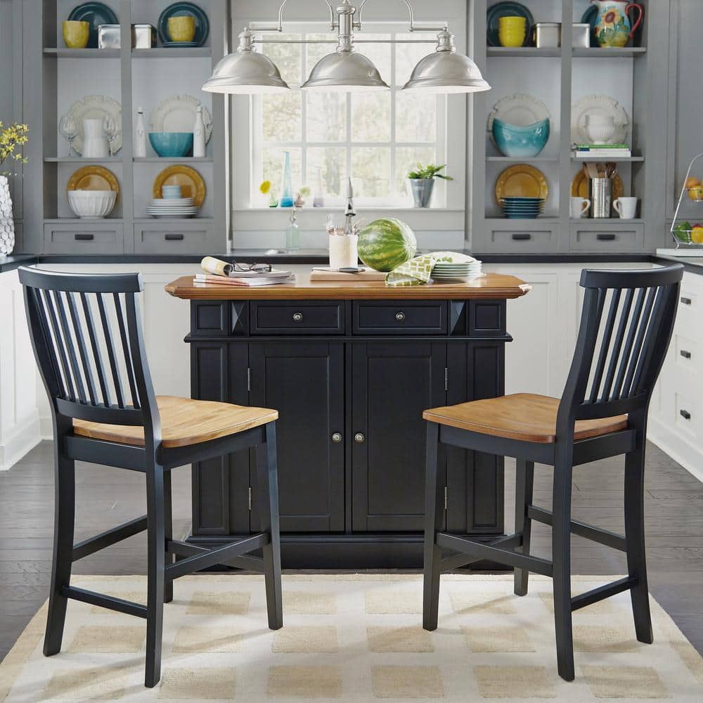 Black and Oak Wood Kitchen Island Set with Stools