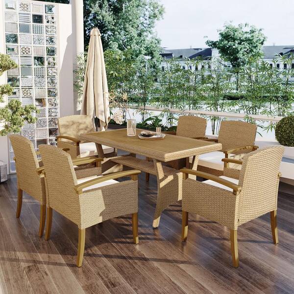 HOTEBIKE 7-Piece All Weather PE Rattan Wicker Patio Outdoor Dining Set with Wood Tabletop and White Cushions