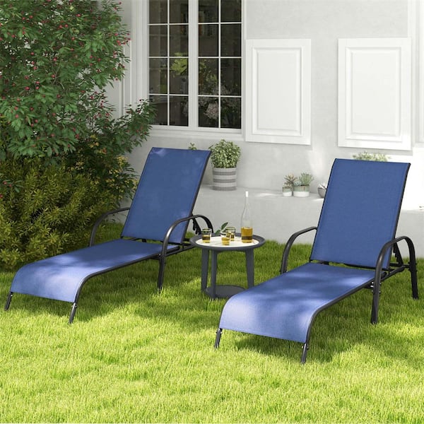 Patio Chaise Navy Adjustable Reclining Powder-Coated Steel Frame Outdoor Lounge Chair in Navy Set of 1