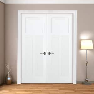 60 in. x 80 in. 3-Panel Mission Shaker White Primed Solid Core Wood Double Prehung Interior Door with Nickel Hinges