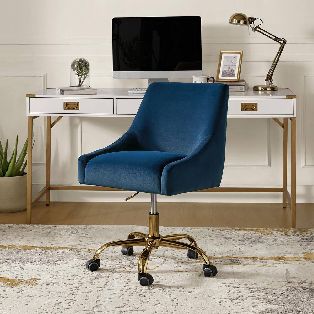 Navy Velvet Swivel Task Chair with Adjustable Height and Metal Base