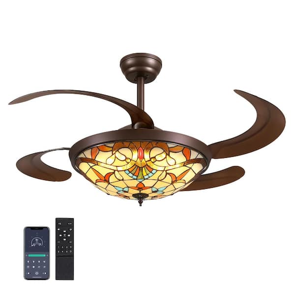 48 in Coffee-Colored Tiffany Baroque Invisible Ceiling LED Fan Light with Timer, Dimming and Reversible