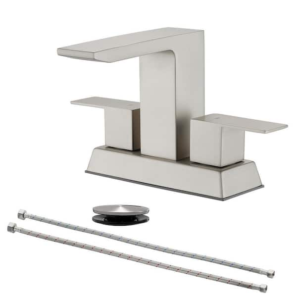 Ami 4 in. Centerset Double Handle Mid Arc Bathroom Faucet with Drain Kit Included in Brushed Nickel