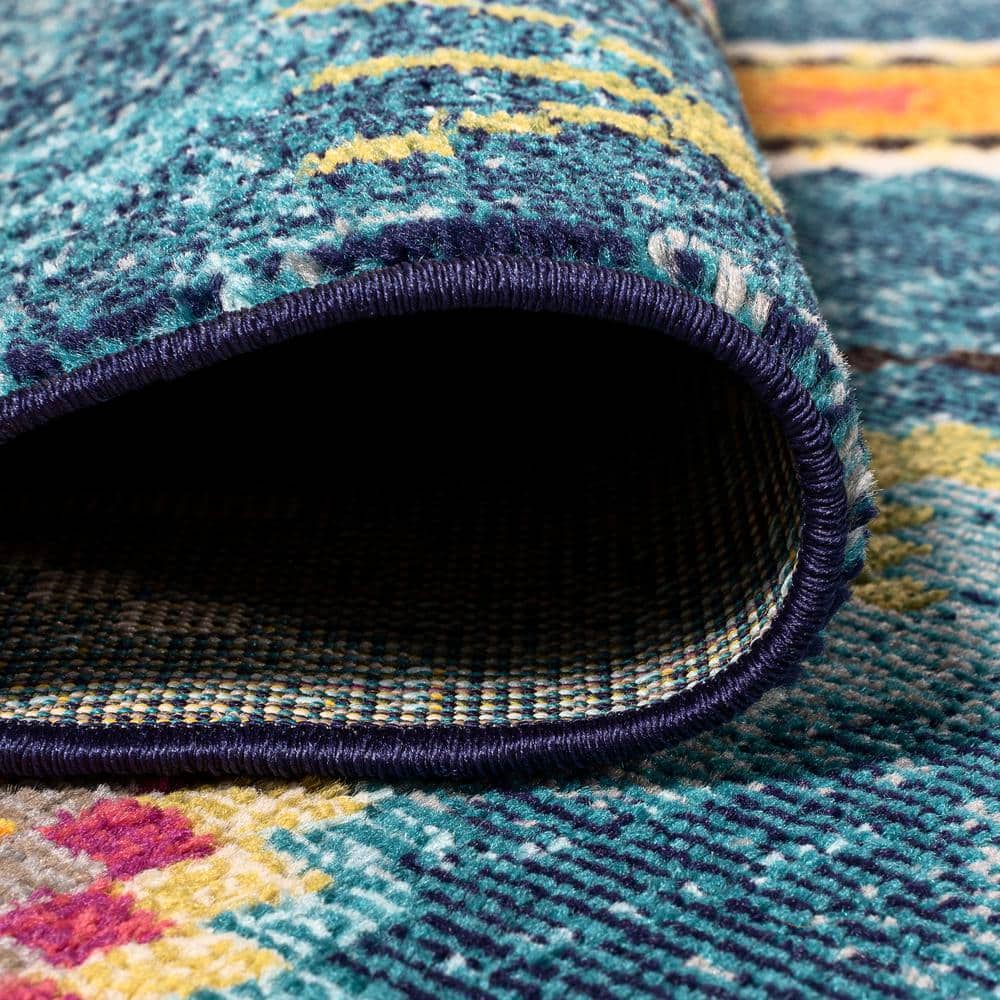 Dark Blue Multi Geometric Synthetic Runner Rug 2'-3" x 8'
