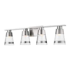 Ethos 32 in. 4-Light Brushed Nickel Integrated LED Shaded Vanity Light with Clear Seedy Glass Shade