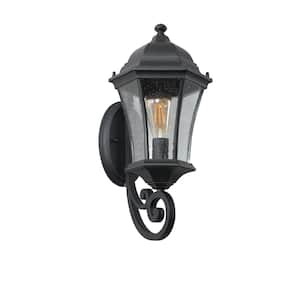 19 in. H Black 1-Light Outdoor Hardwired Wall Lantern Scone with Clear Bubble Glass, No Bulbs Included