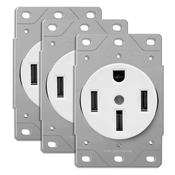 50 Amp 125/250V, Single Straight Blade Range Receptacle Outlet, NEMA 14-50R, Flush Mount, White (3-Pack)