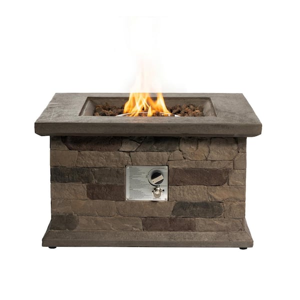 Mondawe 28 in. 40,000 BTU Rectangular Stone Outdoor Propane Gas Fire Pit Table with Lava Rocks and Rain Cover