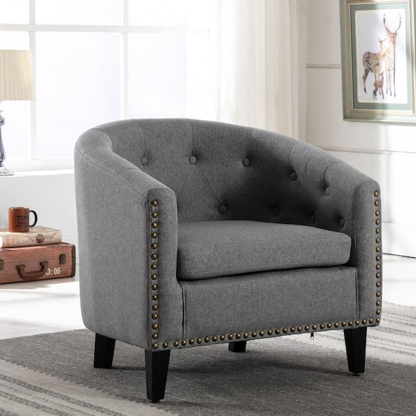 Qualler Gray Linen Fabric Tufted Barrel Arm Chair with Nailheads