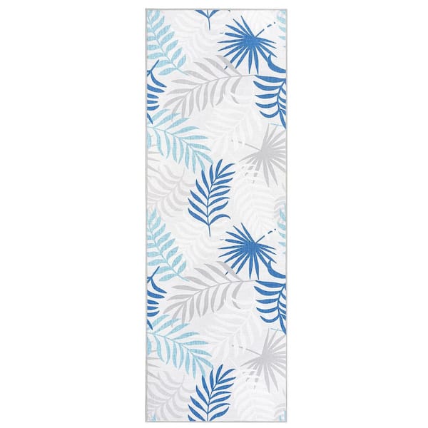 Modern Botanical Printed Rug with Non-slip Backing Short Pile Foldable Rug Washable Living Room Rug Blue 2X6ft