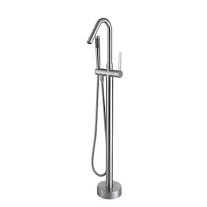 Single-Handle High Arch Floor Mount Freestanding Tub Faucet Bathtub Filler with Hand Shower in Brushed Nickel