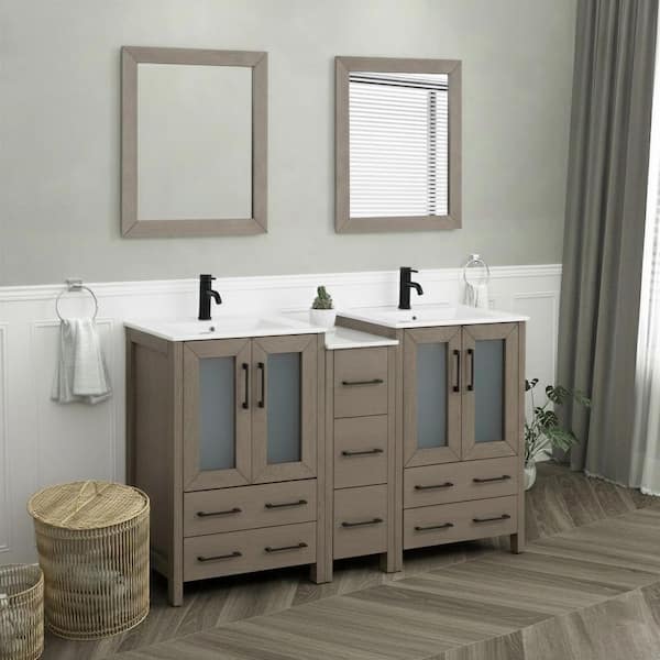 60 in. W x 18.1 in. D x 35.8 in. H Double Basin Driftwood Gray Bath Vanity with White Ceramic Top and Mirror