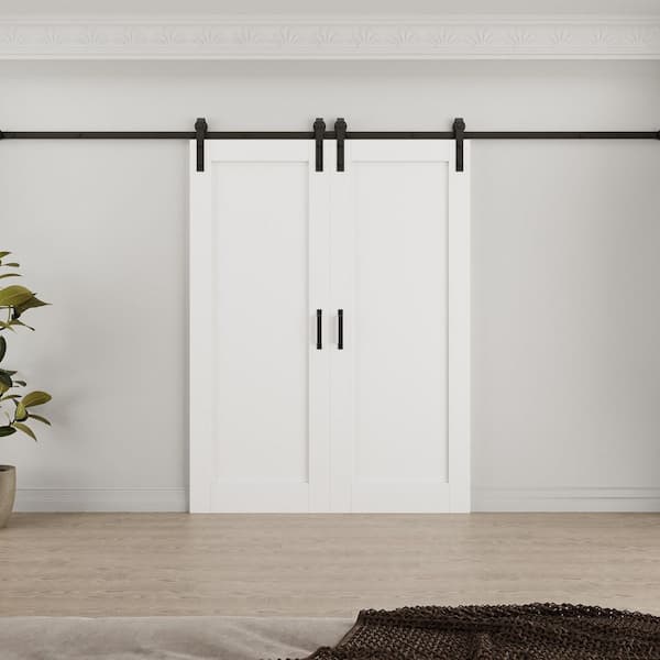 64 in. x 80 in. White Primed Paneled MDF Sliding Barn Door with Hardware Kit