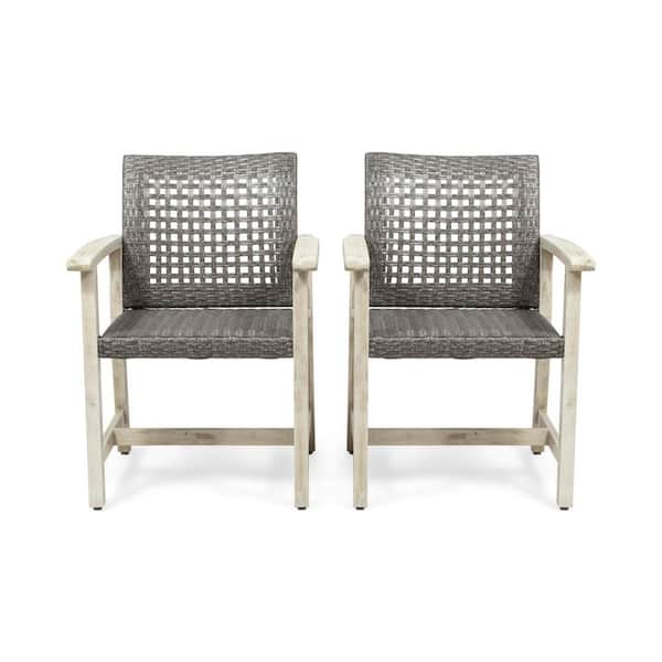 2-Piece Natural Brown Acacia Wood and Gray Wicker Outdoor Lounge Chair