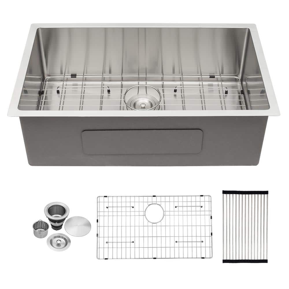 LORDER Stainless Steel 32 in. Brushed Nickel Single Bowl Undermount Kitchen Sink with Bottom Grid and Kitchen Sink Drain