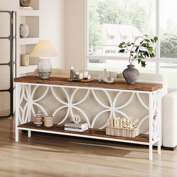 BYBLIGHT 70.9 in. White and Brown Rectangle Engineered Wood Sofa Console Table with 2-Tier Storage Shelf for Entryway