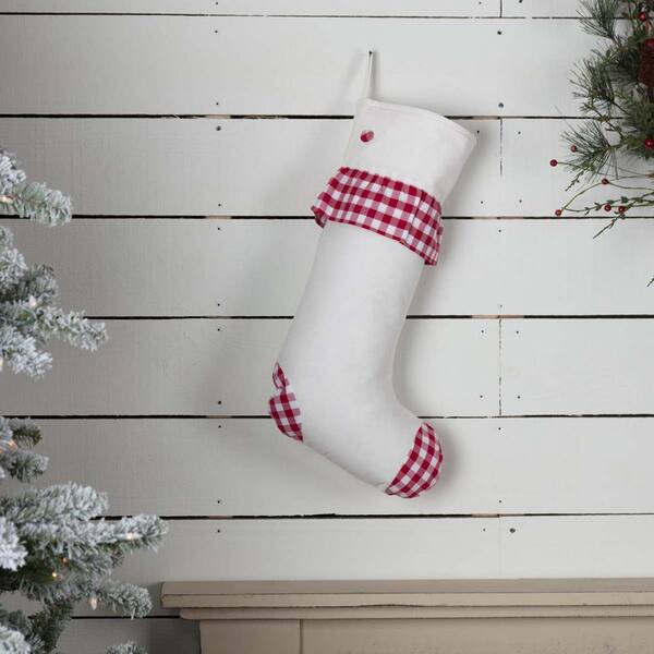 Check Red White Christmas Stocking Country Cottage 20" x 12" Cotton Ruffled 