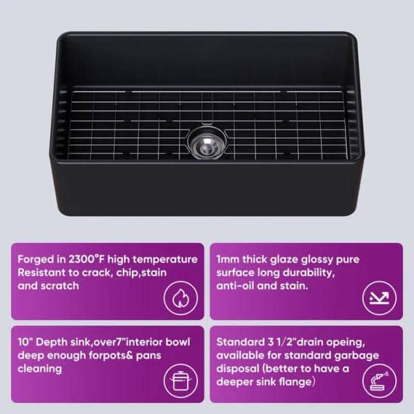 Matte Black Fireclay Farmhouse Kitchen Sink with Grid and Strainer