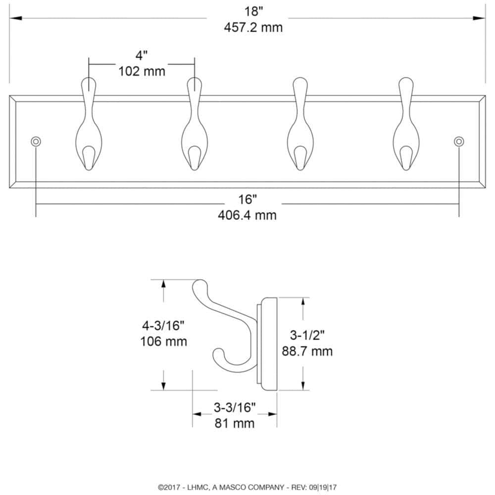 18-Inch White Heavy Duty Wall-Mounted Coat and Hat Rack