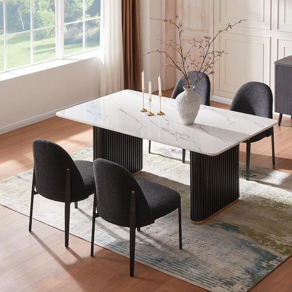 Morden Fort 5-Piece Faux Marble Rectangle Table with Black Boucle Armless Chair Dining Room Set for Kitchen