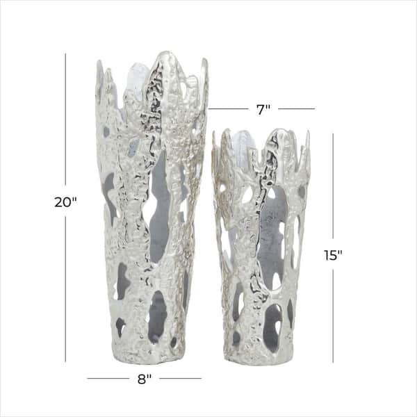 20 in., 15 in. Silver Aluminum Metal Decorative Vase with Cut Out Designs (Set of 2)