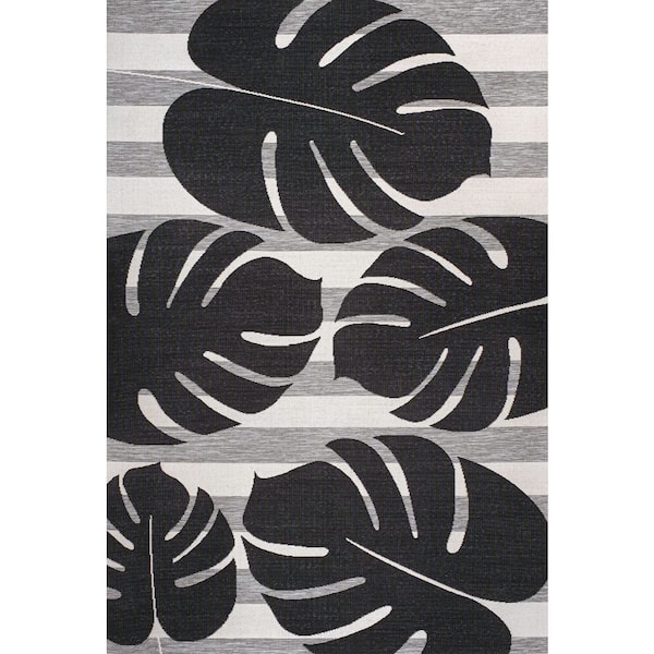 Allison Classic Beach Stripe and Monstera Leaf Black/Gray 4 ft. x 6 ft. Indoor/Outdoor Area Rug