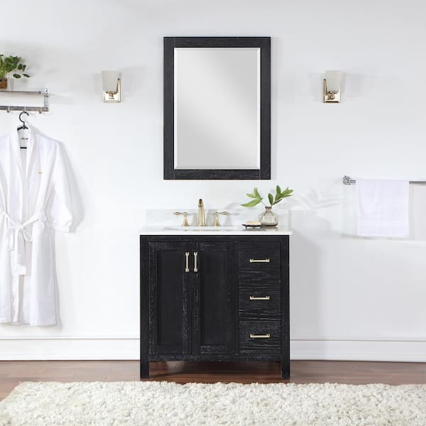 Altair Hadiya 36 in. W x 22 in. D x 34 in. H Single Sink Bath Vanity in Black Oak with White Composite Stone Top and Mirror