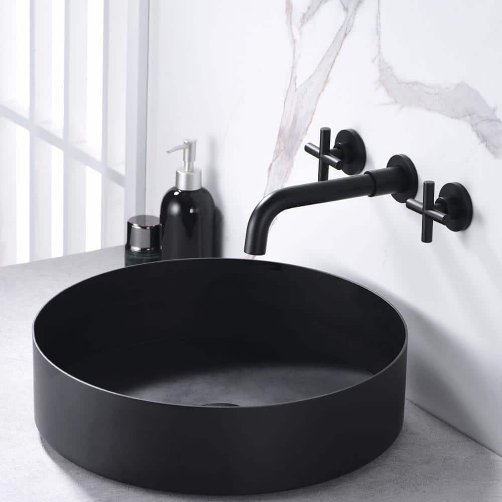 Brushed Gold Wall Mount Bathroom Faucet with Cross Handles