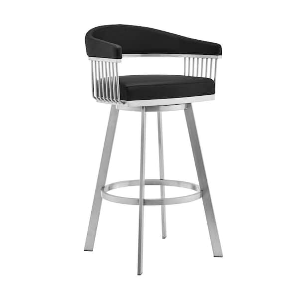 Benjara 25 in. Black and Silver Low Back Metal Frame Counter stool with Faux Leather Seat