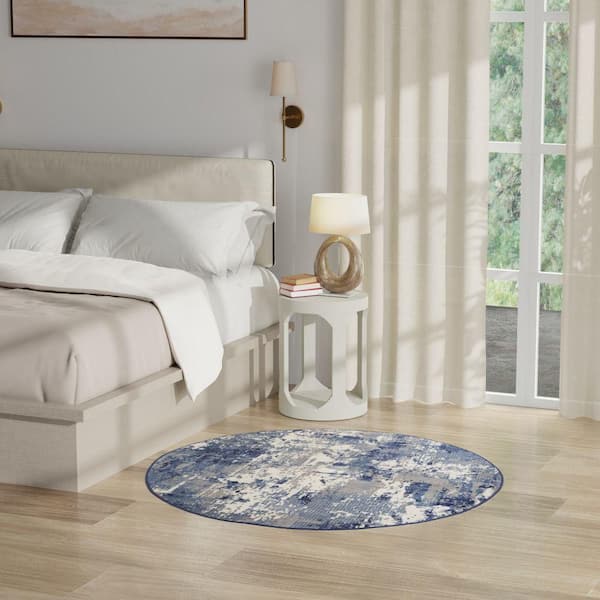 Grafix Navy Blue 5 ft. x 5 ft. Abstract Contemporary Round Area Rug