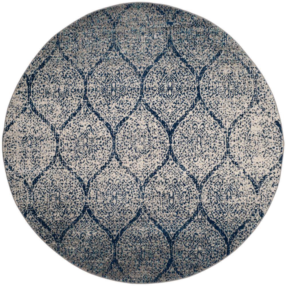 Navy and Silver Round Geometric Synthetic Area Rug, 11' x 11'