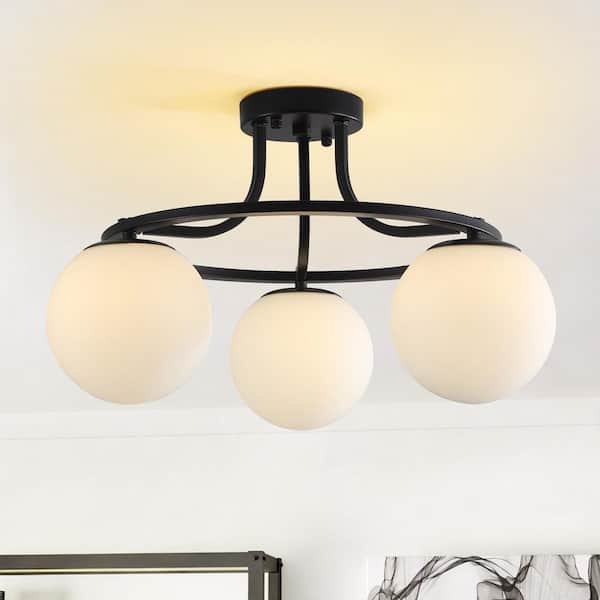 20.08 in. 3-Light Matte Black Modern Round Semi Flush Mount Ceiling Light with Milk White Globe Glass Shade for Bedroom