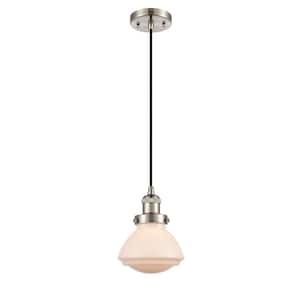 Olean 1-Light Brushed Satin Nickel Schoolhouse Pendant Light with Matte White Glass Shade