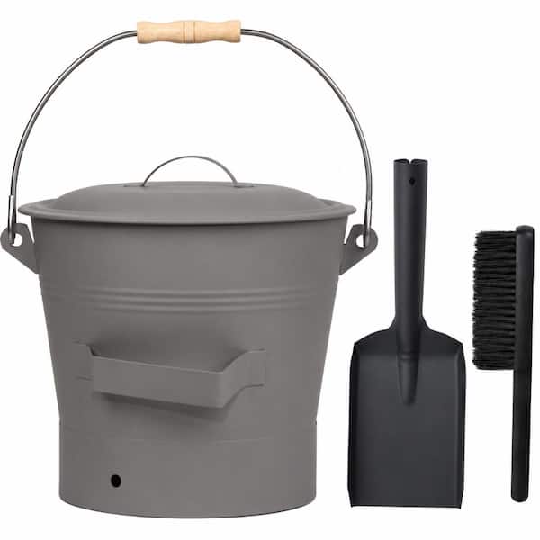 2.6 Gal. Gray Round Metal Ash Bucket Set with Lid, Shovel, Hand Broom and Wood-Grip Handles for Fireplace Use