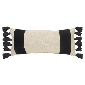 Trending Off White / Black Color Block Fringe Cozy Poly-fill 28 in. x 12 in. Throw Pillow