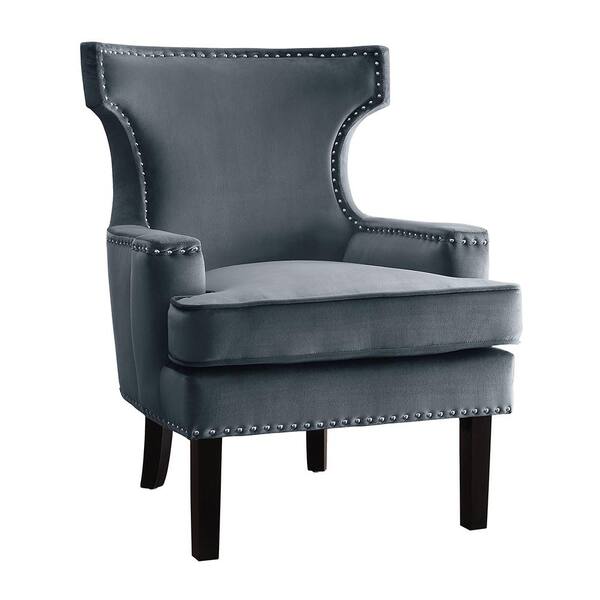 Pierre Gray Velvet Upholstery Nailhead Trim Back Accent Chair 1190GY1