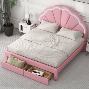 Pink Wood Frame Queen Size PU Leather Upholstered Platform Bed with Seashell LED Lighted Headboard, 2-Drawer