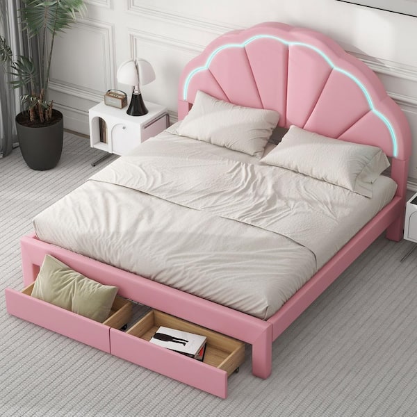 Harper & Bright Designs Pink Wood Frame Queen Size PU Leather Upholstered Platform Bed with Seashell LED Lighted Headboard, 2-Drawer