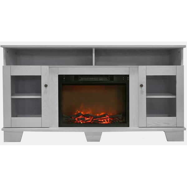 Hanover Glenwood 59 in. Electric Fireplace in White with Entertainment Stand and Charred Log Display