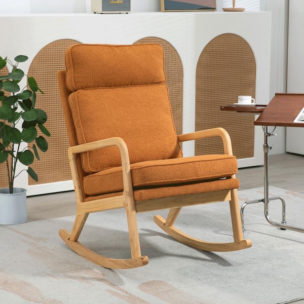 aisword Set of 2, 25.2 in. W 2-in-1 Convertible Comfy Boucle Upholstered High Back Wooden Rocking Chair Arm Chair - Caramel