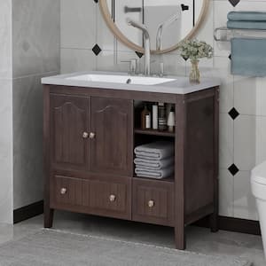 36 in. W x 18 in. D x 32 in. H Single Sink Bath Vanity in Brown with White Ceramic Top, 2-Doors and Drawers