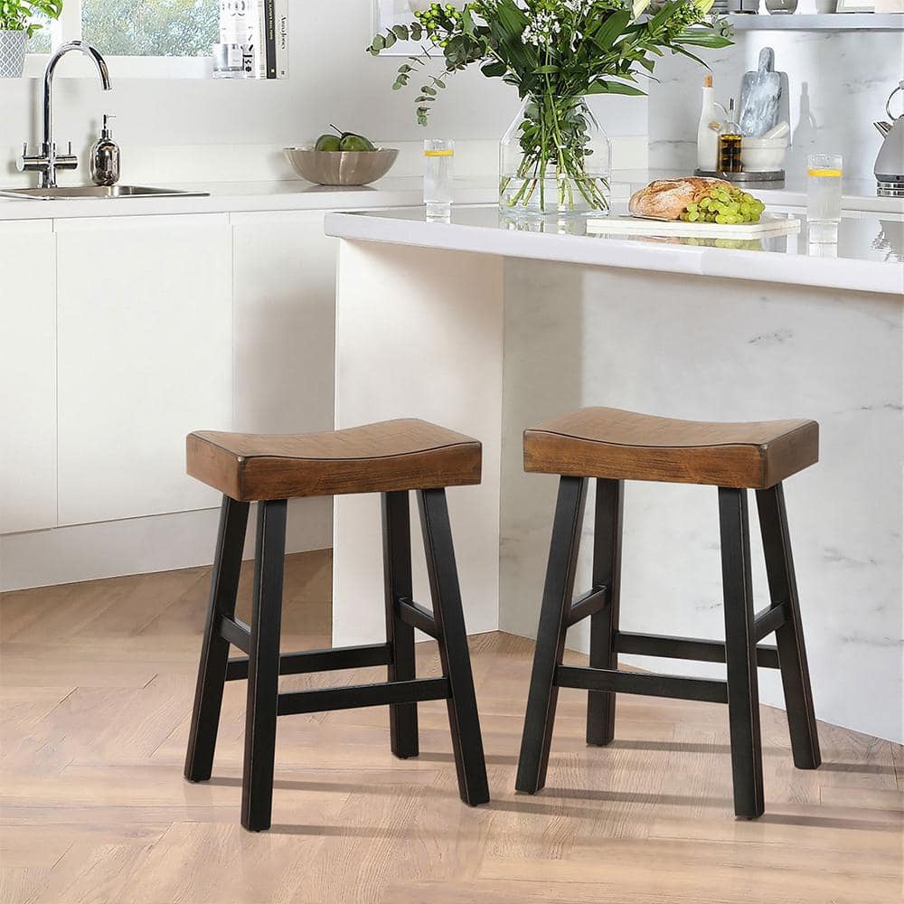 Oxton 24.5 in. Black and Brown Wood Counter Height Stool with Wood Seat (Se
