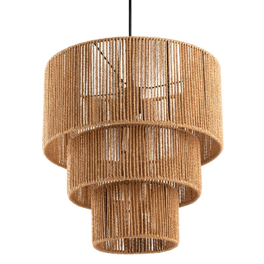 Three-Tiered Natural Jute Rope Drum Chandelier