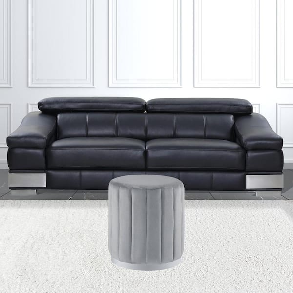 HomeRoots Grey And Silver Velvet Round Standard 16L x 16W x 18H Ottoman